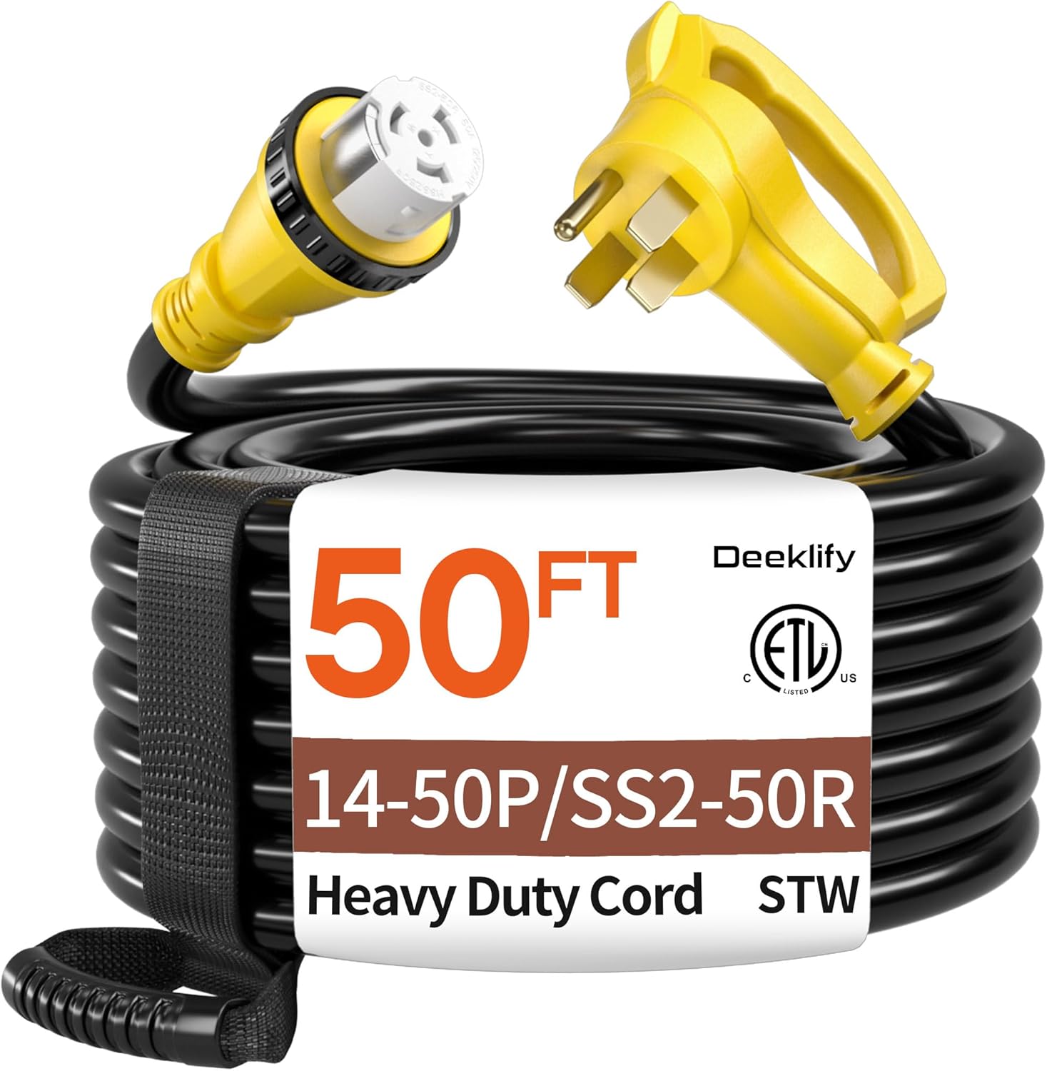 50FT 50 Amp Generator Cord, NEMA 14-50P/SS2-50R Heavy-Duty 4 Conductors Cable, Pure Copper STW RV Extension Cord, Female Plug with Twist Lock, Suitable for RV or Camper, ETL Listed