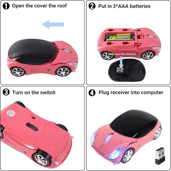 elec Space Wireless Mouse, 2.4GHz Car Wireless Mouse Cool 3D Sport Ergonomic Optical Cordless Mice with USB Receiver for PC Laptop Computer Women Small Hands (pink1)