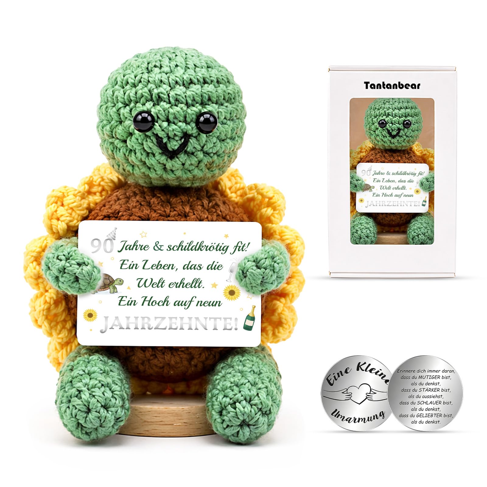 90. Geburtstag Frauen Männer, Handgehäkelte Sonnenblume Schildkröte Plüsch, Pocket Hug Positive Schildkröte Glücksbringer Mutmacher, mit Karte und Glücksmünze, Geschenk für Oma, Opa, Mama, Papa, Tante