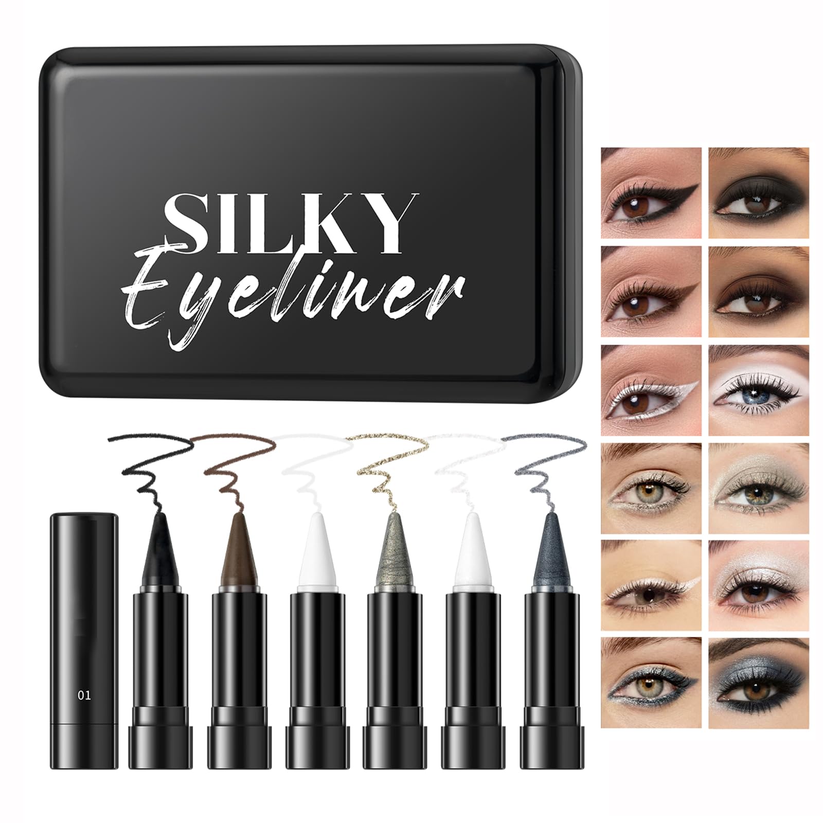 6 Colors Gel Eyeliner Pencil,Waterproof Smudge Proof Liquid Eye Liner,Matte Black Eye-liner Pencil,Smoky Eyeshadow Palette Halloween Makeup