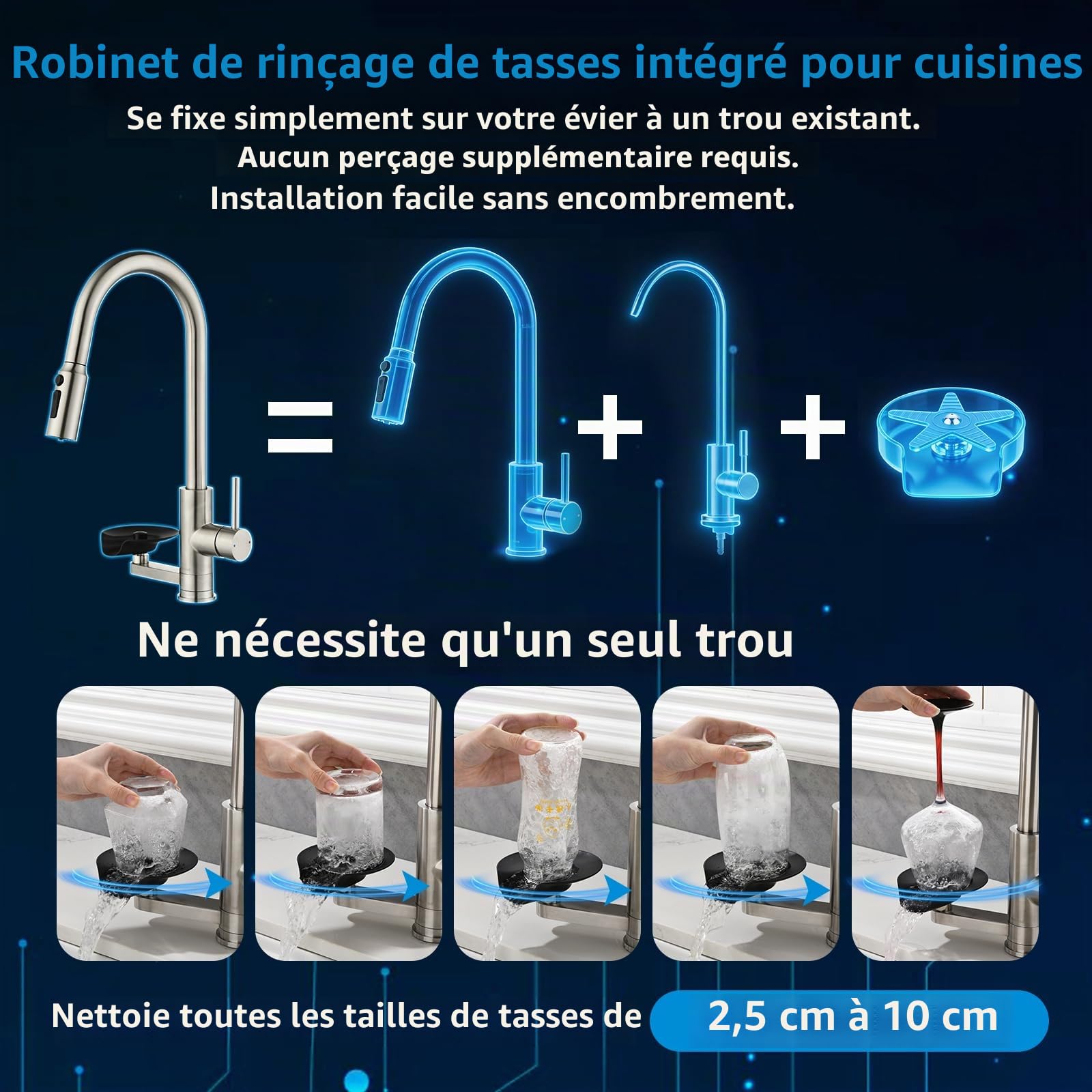 Robinet Cuisine 3‑en‑1 Filtre Lave-verres, Douchette Extractible Double jet | Mitigeur Cuisine avec Douchette,Mynaiad acier 304 Brossé, évier 3 voies, Rotation 360° Adapté Cuisine
