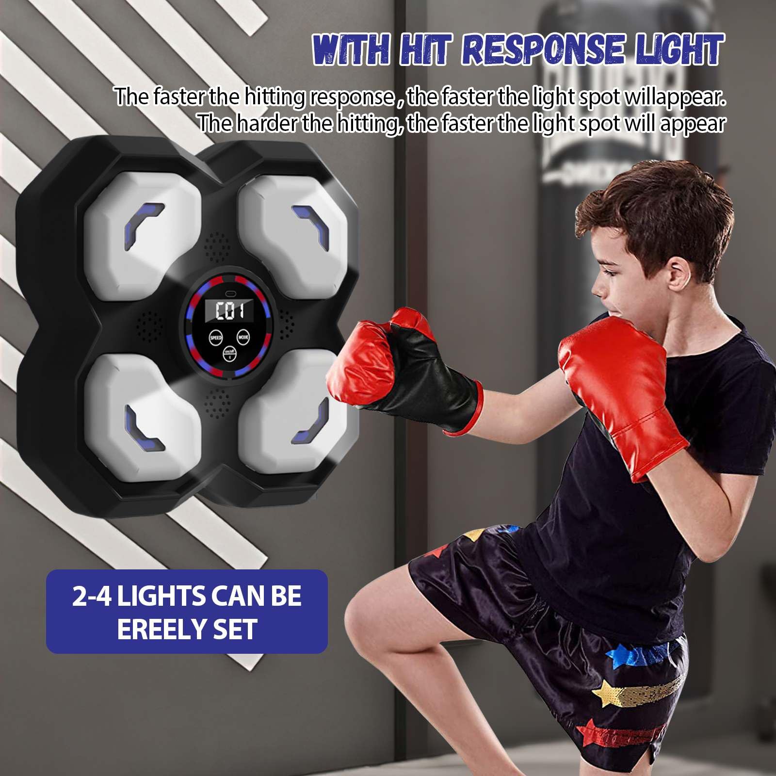 Machine De Boxe Musicale Enfant LED - 9 Vitesses, Bluetooth, Murale Avec Gants Inclus