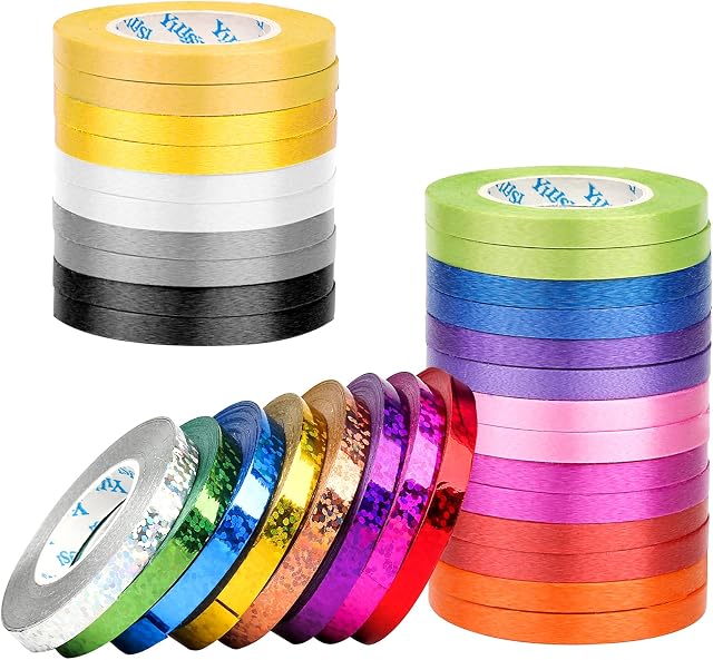 32 Rolls Curling Ribbon Set, Metallic Balloon Ribbon, Christmas Ribbons for Gift Wrapping, Crimped Balloon String for Gift Flower Wrapping Wedding Valentine Party Decoration (20 Colors, 10m/Roll)