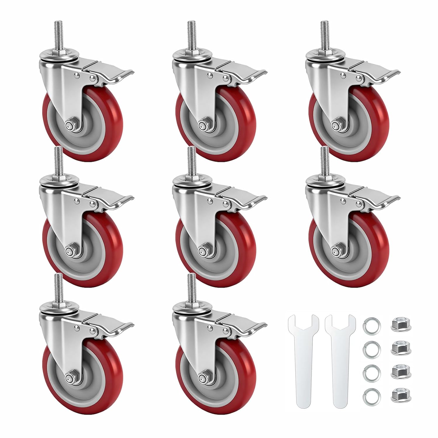 Caster Wheels, 5 Inch Locking Swivel Caster, 1/2"-13 x 1 (Screw Diameter 1/2", Screw Length 1.5") Threaded Stem Casters Set of 8 Heavy Duty,Industrial Castors Wheels for Cart,Furniture and Workbench