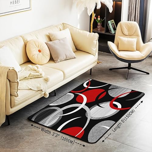 Miniatura 2 de Feelyou Tapete de interior de arte abstracto para niños y niñas, 3 x 5 pulgadas, negro, gris, rojo, alfombra de sala de estar, alfombra de