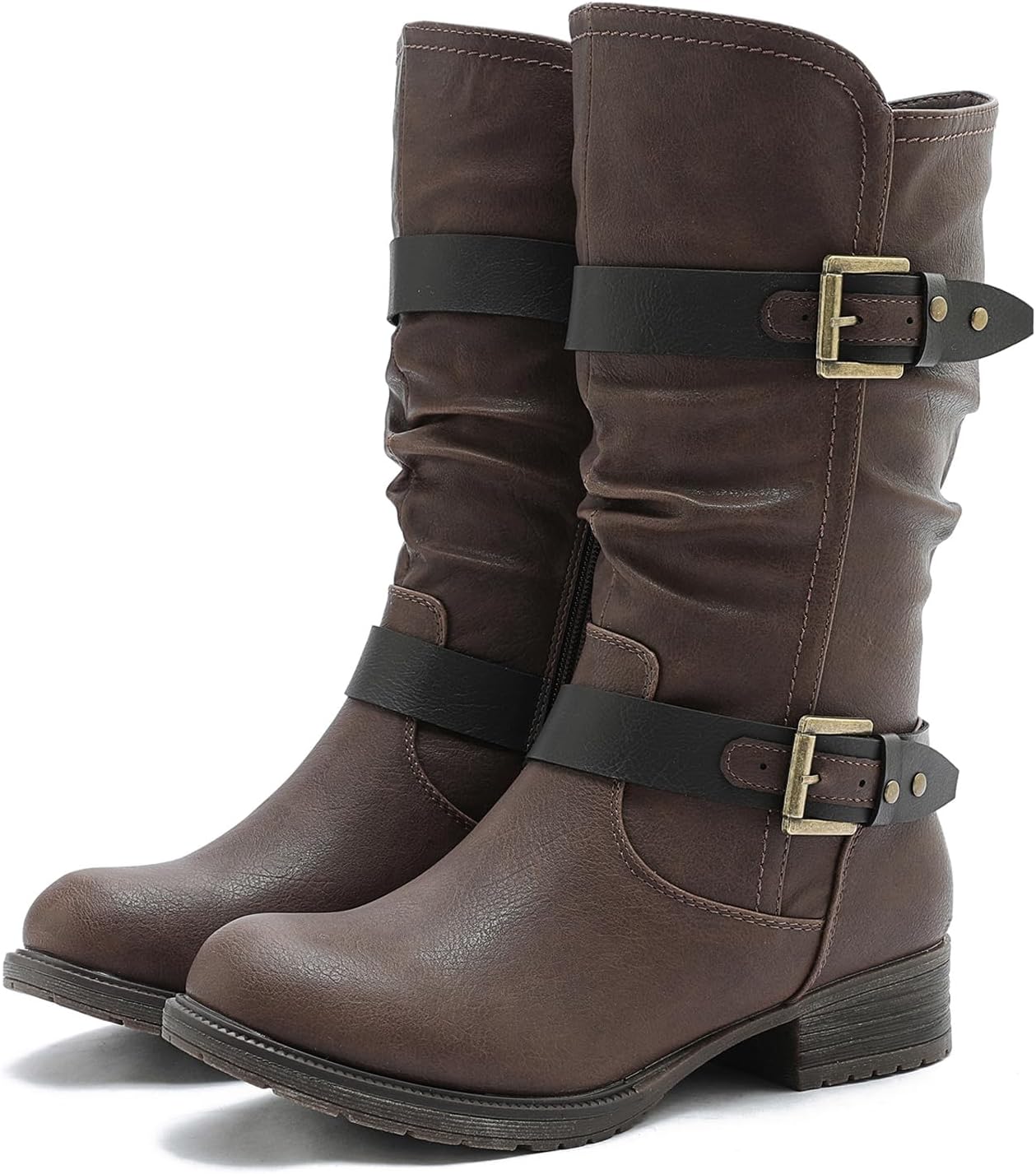 GLOBALWIN Women’s Mid Calf Boots Fashion Moto Boots For Women With Buckle Straps, Side Zipper, And Low Block Heel – Biker Boots For Fall Spring Winter