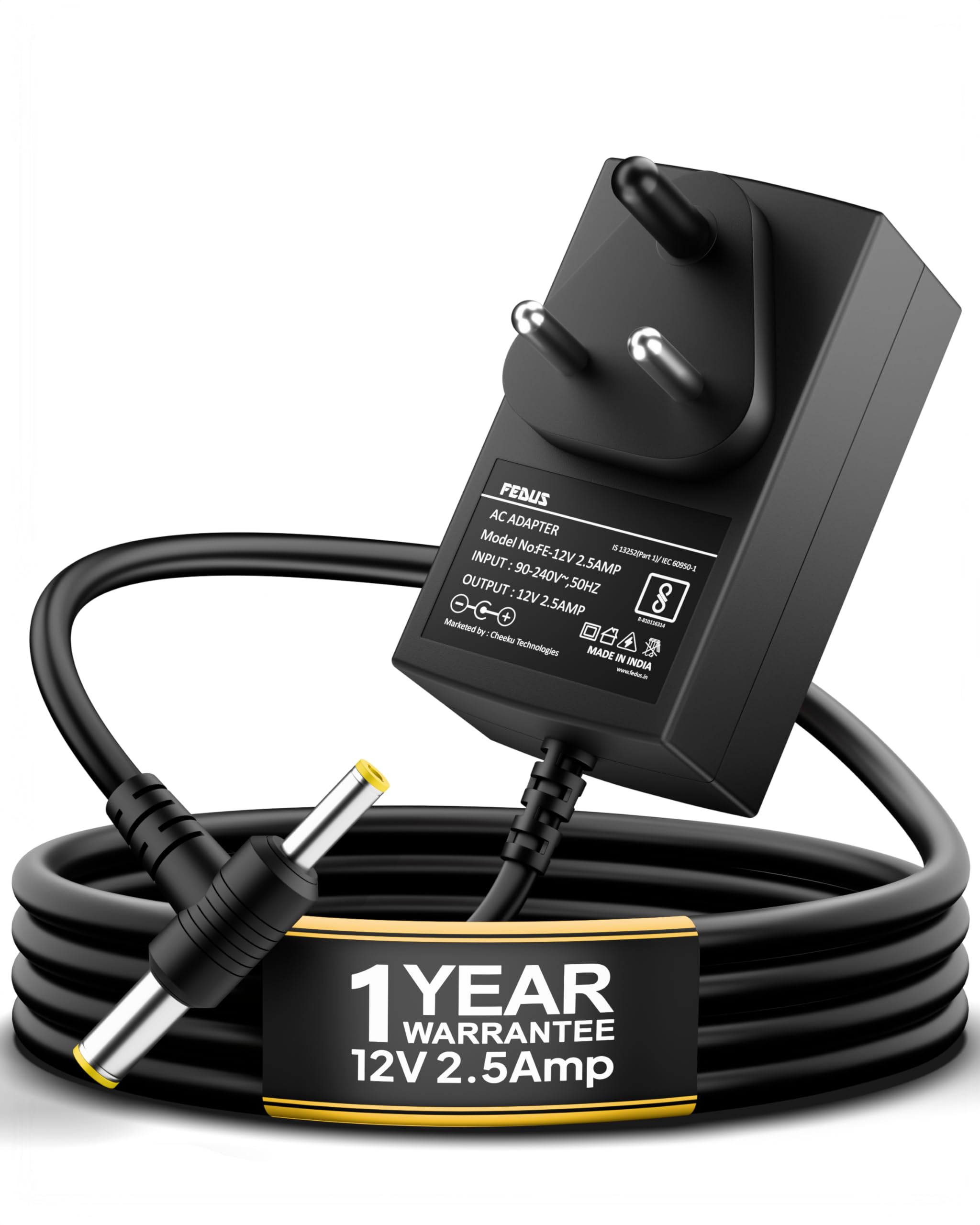 FEDUS 12V 2.5Amp DC Power Supply Adapter, 12 Volt 2.5A SMPS for LCD Monitor, TV, LED Strip Light, DVR, NVR, CCTV Camera, Dc Motor, Setup Box, Broadband, Routers AC to DC Output: 12V, 2.5 amps