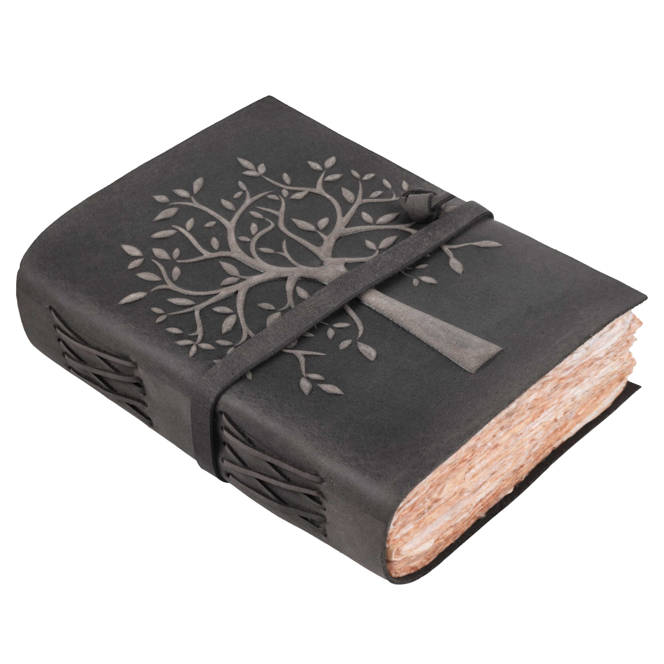 LEATHER VILLAGE Tree of Life Leather Bound Vintage Journal for Men & Women - Book of Shadows - 8 X 6 inches - Antique Deckle Edge Handmade Watercolor Paper – Vintage Black