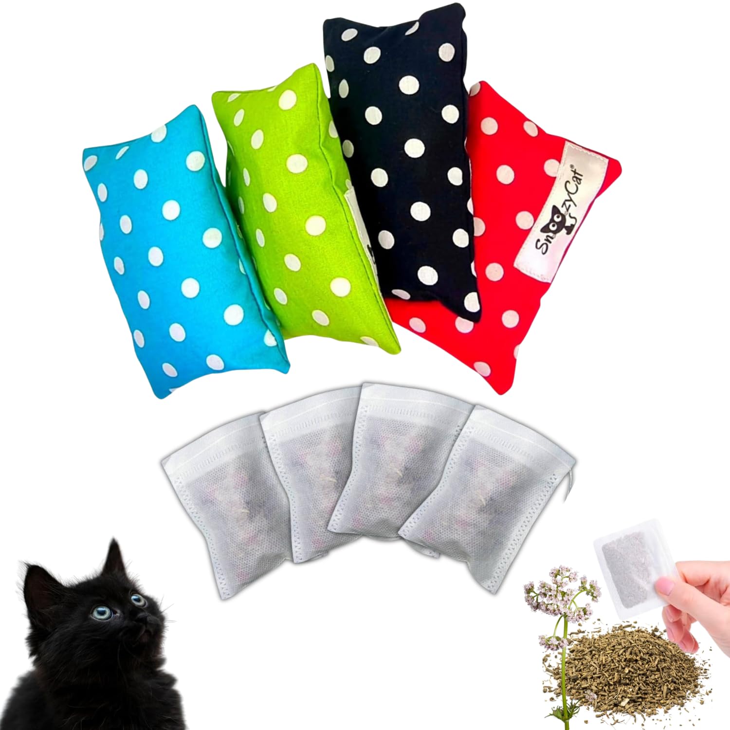4 cuscini di valeriana per gatti fatti a mano, lavabili e ricaricabili, XXL, 12 cm x 8 cm, giocattolo per gatti, 100% cotone con valeriana naturale al 100% biologica, prodotto in Germania