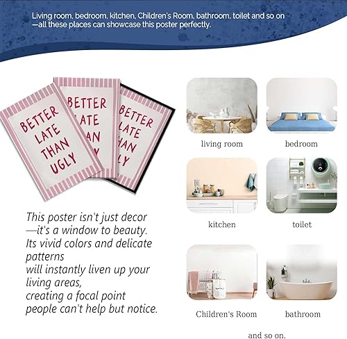 Miniatura 7 de Lienzo rosa preppy con texto en inglés "Better Late Than Ugly", arte de pared de coqueta de moda, póster de habitación de adolescentes y niñas,