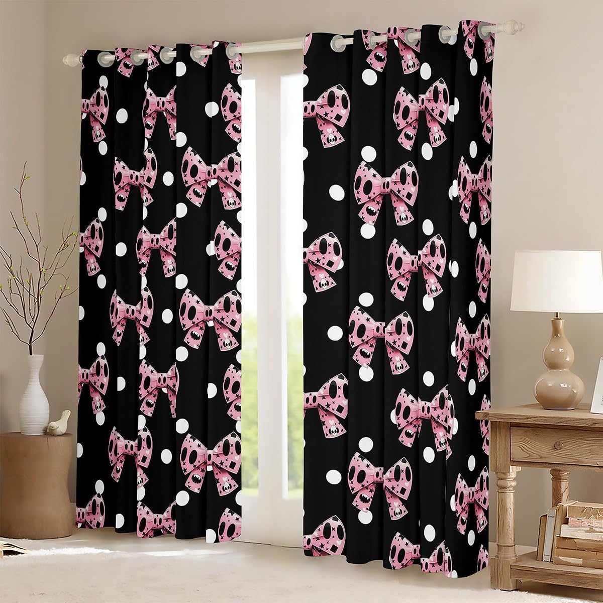 Manfei Bowknot Blackout Curtain Black Pink Bow Tie Window Drapes for Kids Girls Princess Room Decor, White Dots Print Window Treatments, Grommet Top 2 Panel Set Bedroom Curtains, 38Wx54L inch