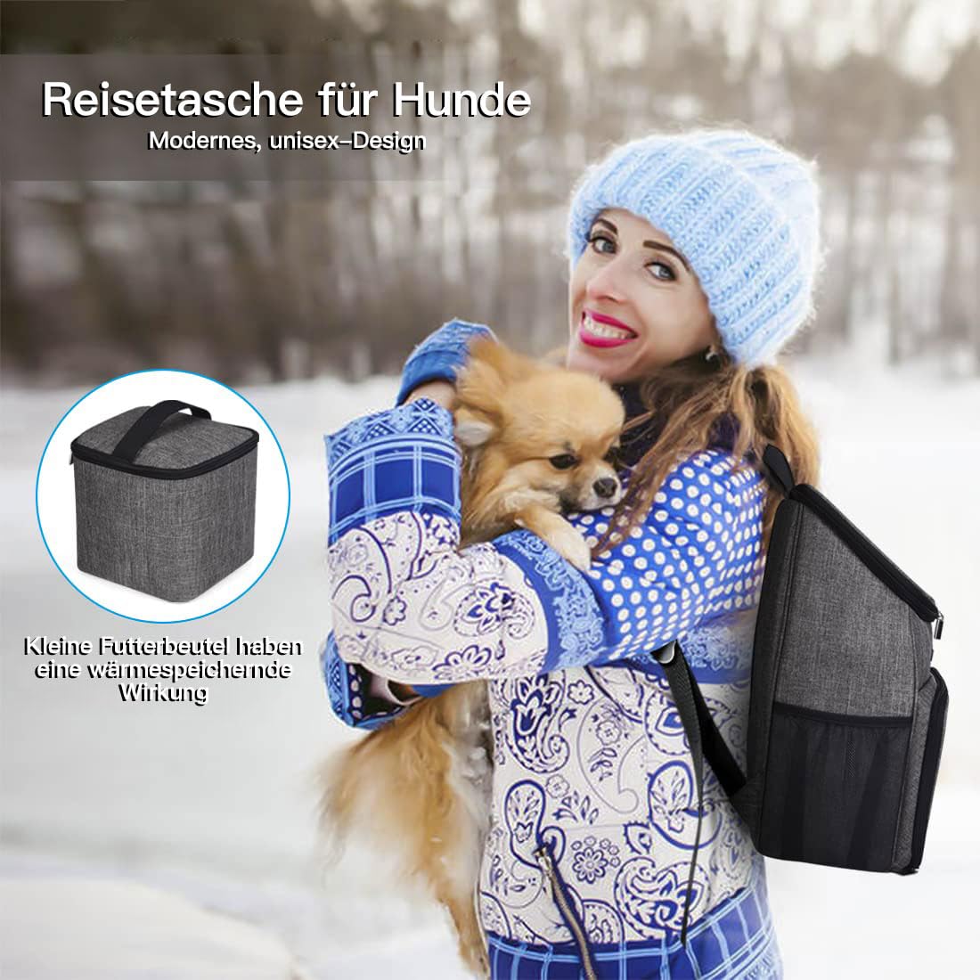 BAGLHER 丨Hundetasche, von Fluggesellschaften zugelassener Haustierbedarf, Rucksack für Hunde, Reise-Rucksack-Zubehör-Set mit 2 faltbaren Silikonnäpfen und 2 Futterkörben, Grau