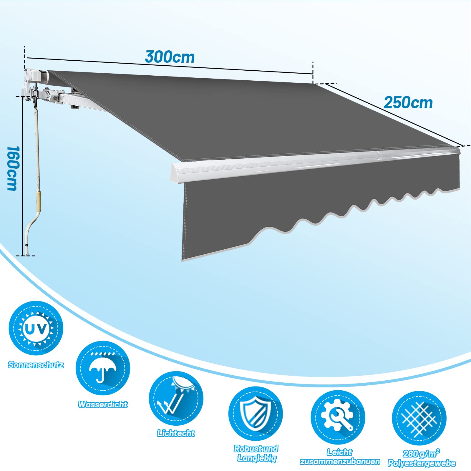 Herrselsam Toldo con brazo articulado, 300 x 250 cm, toldo retráctil con manivela, protección solar contra el agua, ángulo ajustable hasta 30 grados, requiere montaje, incluye soporte de pared, color
