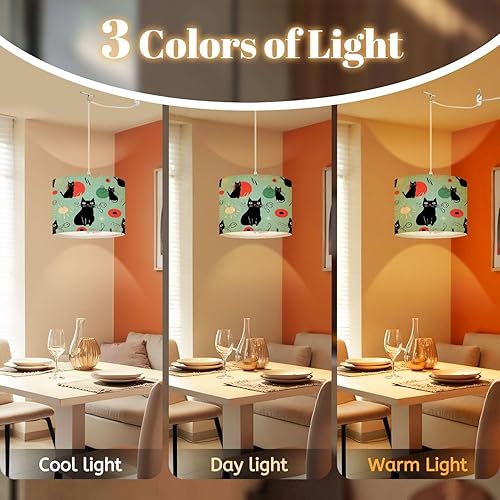 Miniatura 2 de Boho Plug in Pendant Light Cheerful Atomic Black Cats Bright Retro Futuristic Colors 16.4ft Plug in Cord Dimmable Hanging Lamp Fabric Lamp Shade