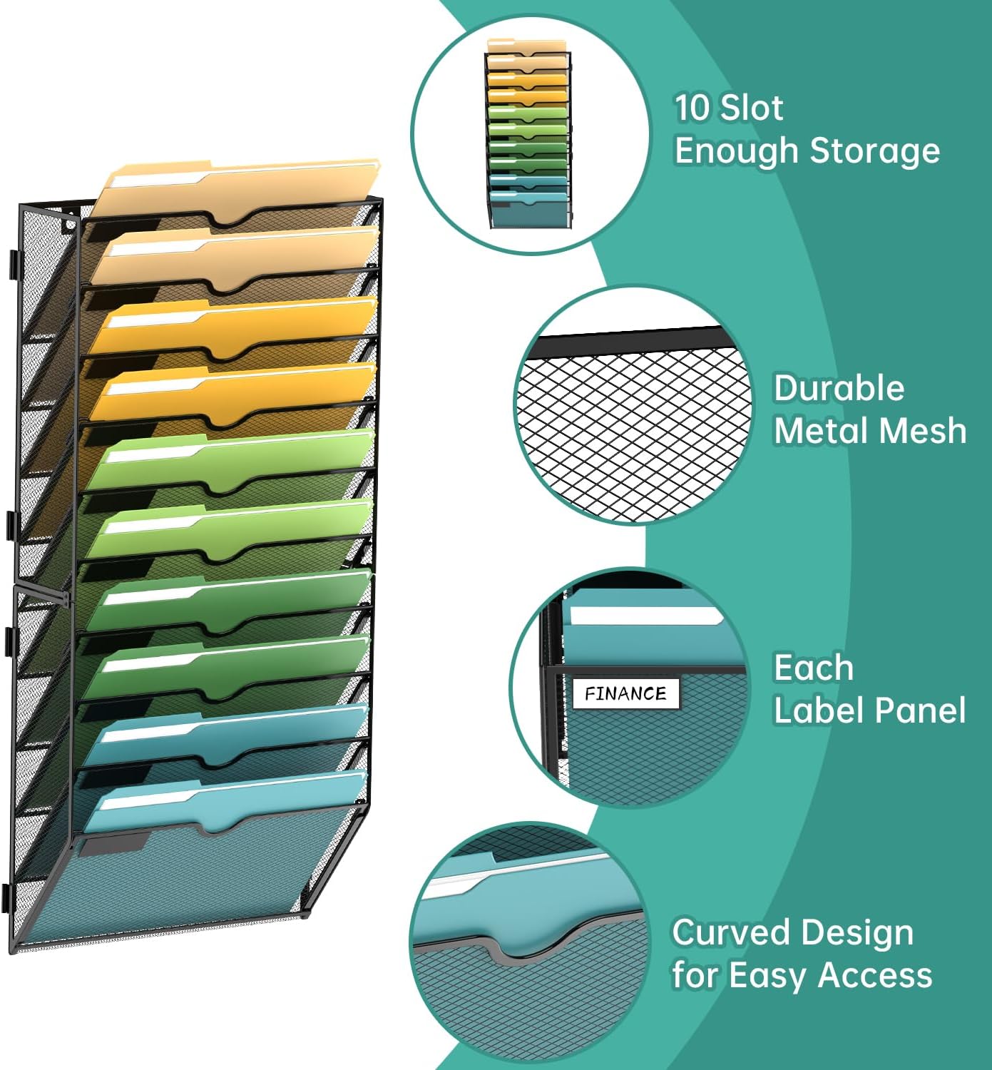 SUPEASY Wall File Organizer Mesh Office Mail Holder, Hanging Wall Organizer Magazine Rack for Office Black, 10 Tier