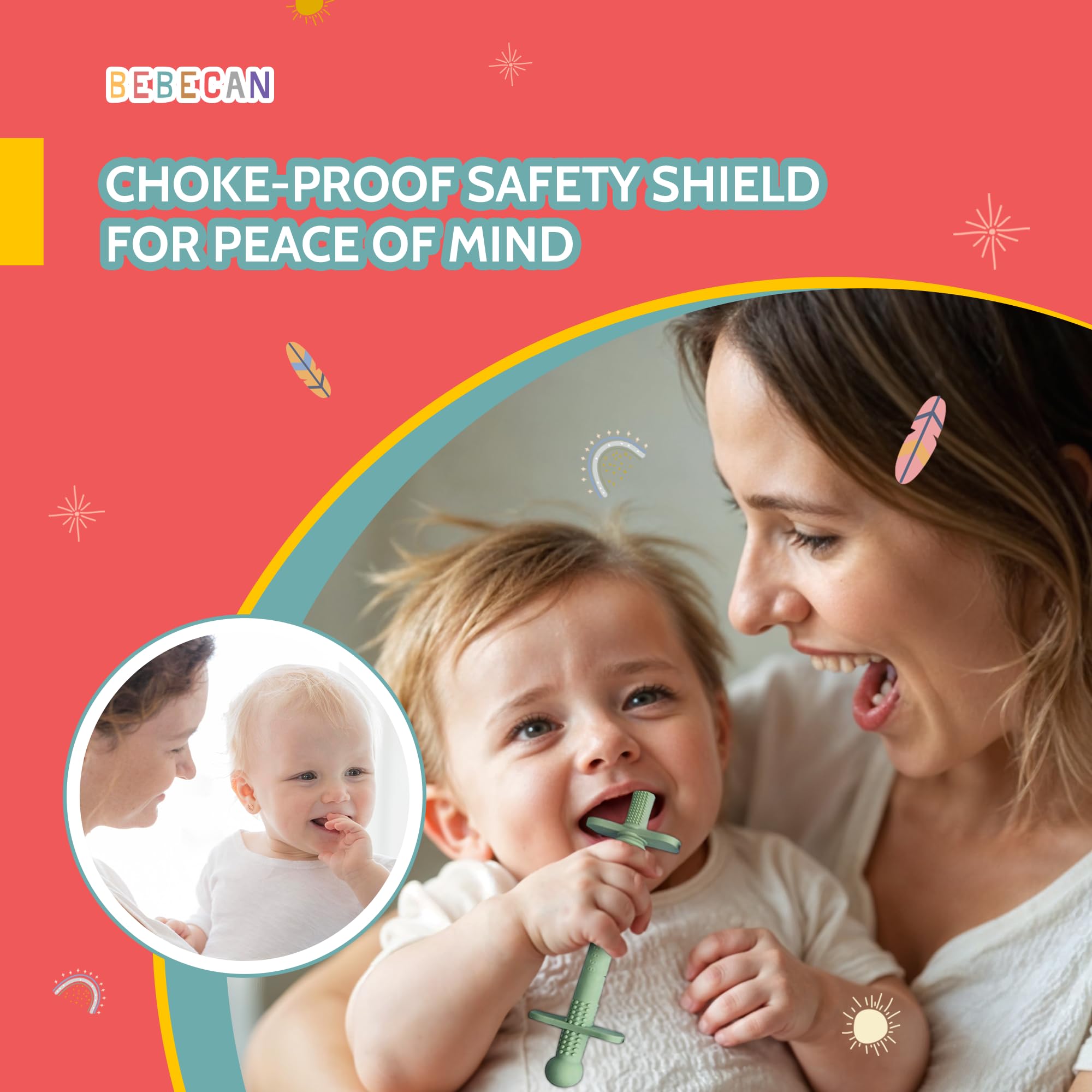 Bebecan Shielded Teething Tubes – Baby Teething Relief 0-36 Months, Anti-Choking Design, Clip-Attachable, BPA-Free Silicone, 5 Soft Tubes + 2 Teether Clips + 2 Brushes + Storage Bag