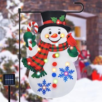 12 x 18 Inches Lighted Snowman Garden Flag Decorations - Double-Sided Vertical Christmas Holiday Yard Flag Sign with LED Lights, Indoor Outdoor House Patio Decor Party Supplies