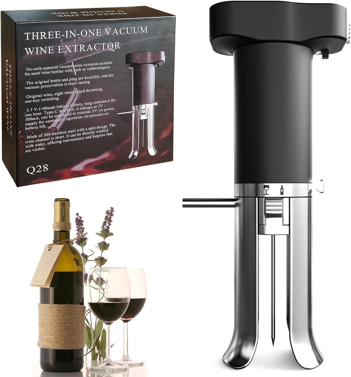 3-in-1 Electric Wine Opener with Aerator Pourer & Vacuum Sealer – Automatic Corkscrew, Drip-Free Pouring, Wine Preservation for Over 10 Days – Ideal Gift for Home, Restaurants, Parties