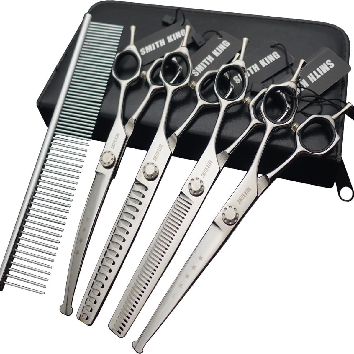 7 inches Safe Dog Grooming Scissors Set with Round Tip,Straight & Thinning & Curved Shears Set with comb for Dog & Cat Grooming human hair cutting (Black 4 in 1 with comb)