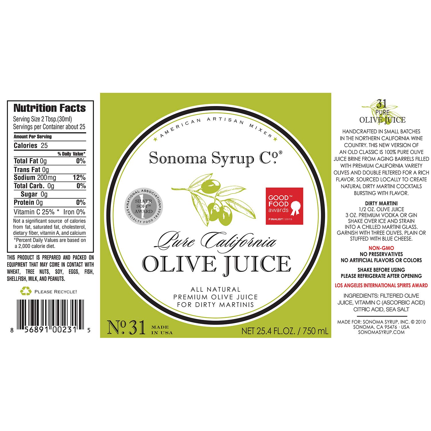 Sonoma Syrup Co Pure Olive Juice 25.4 Fl Oz Bar Mixer for Dirty Martini