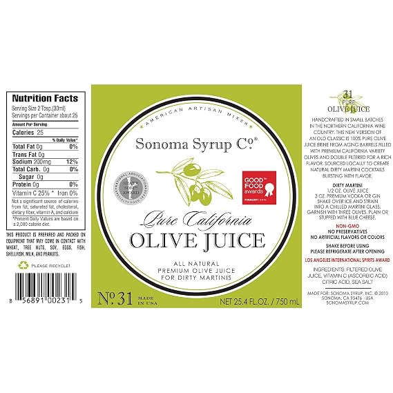 Sonoma Syrup Co Pure Olive Juice 25.4 Fl Oz Bar Mixer for Dirty Martini