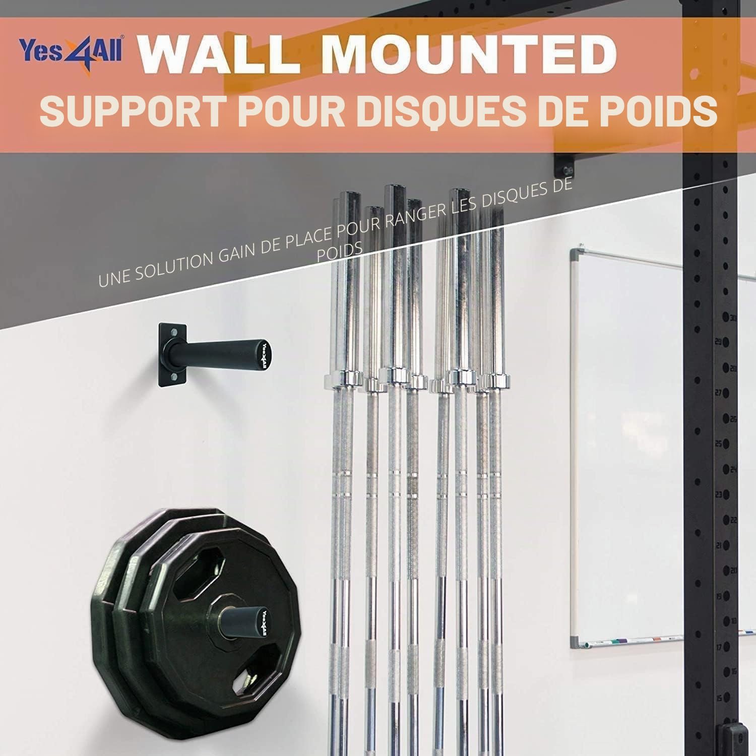 Yes4All Support Mural pour Plaque de Poids, Simple et Double - Convient pour les Plaques de Poids Olympiques de 5 cm, Pad en Caoutchouc de Protection