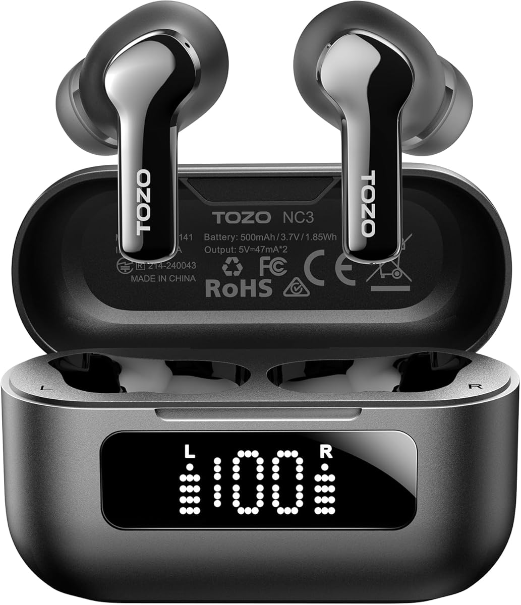 TOZO Wireless Earbuds Bluetooth 5.3, Hybrid Active Noise Cancelling Headphones with 6 Mics, Clear Calls, 55H Battery, LED Display, IPX8 Waterproof, APP Control with 32 EQ Presets, In-Ear Ear buds