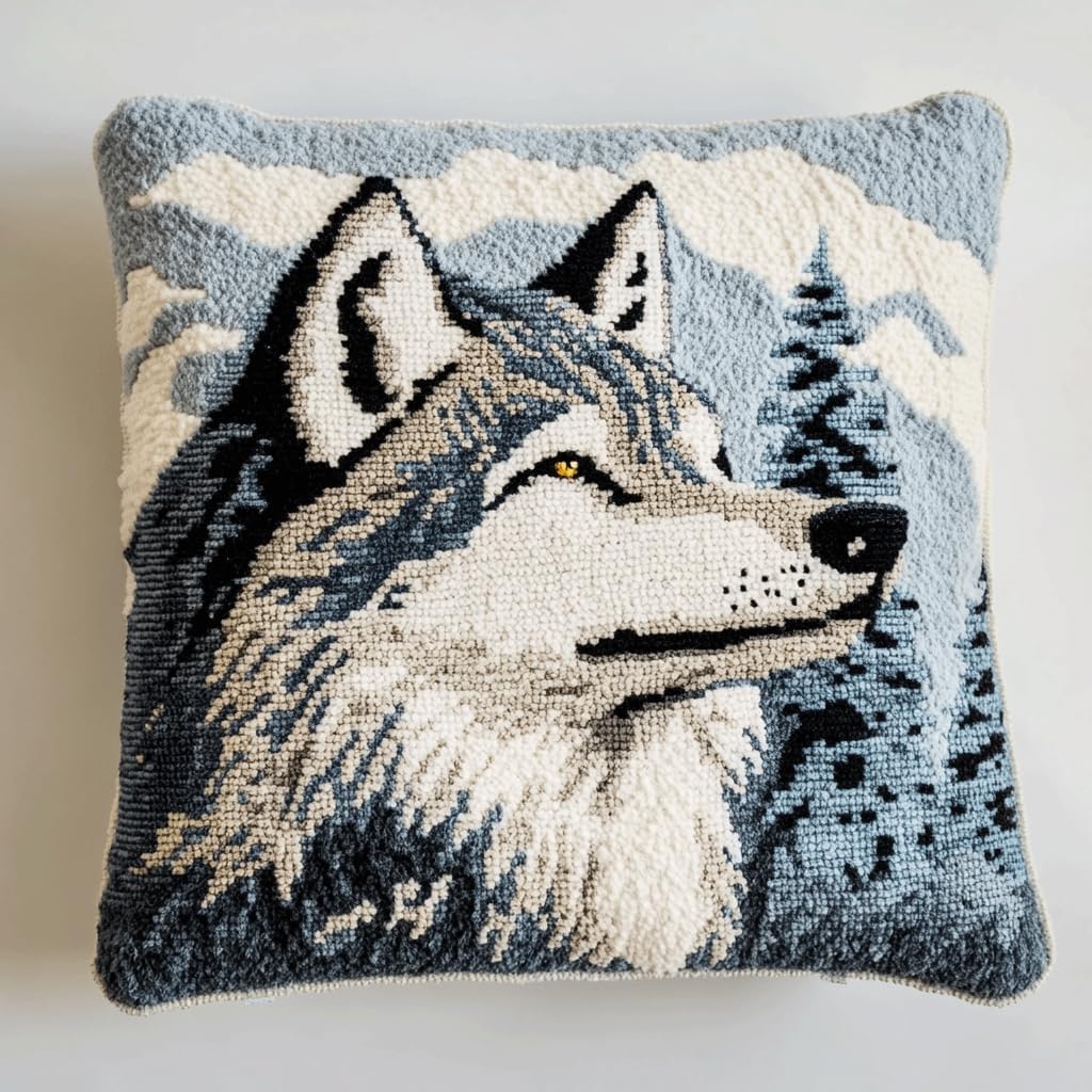 AMBATTERY Latch Hook Pillow Kit Animal Elephant Pre-Printed Latch Hook Rug Kits Cross-Stitch Embroidery Cushion Handmade Pillow Cover Cushion 17x17in
