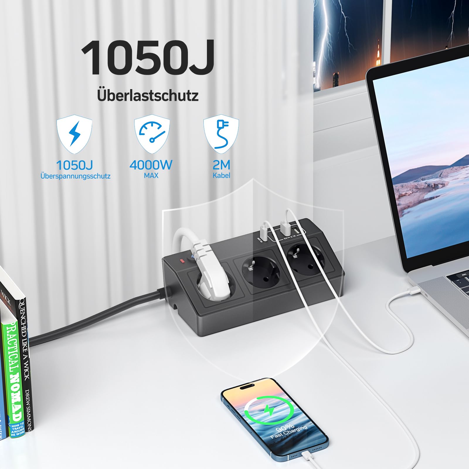 Ciabatta elettrica con USB C, PD20W, STGAROT da tavolo, 3 prese, multipresa da scrivania con 4 USB, 4000 W/16 A, protezione da sovratensione, presa con interruttore, cavo da 5 m, presa da tavolo per