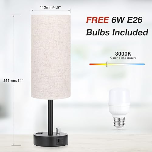 Miniatura 2 de Fenmzee Juego de 2 lámparas de noche, color beige, atenuación completa, carga USB A + C, salida de CA, control giratorio, bombillas incluidas