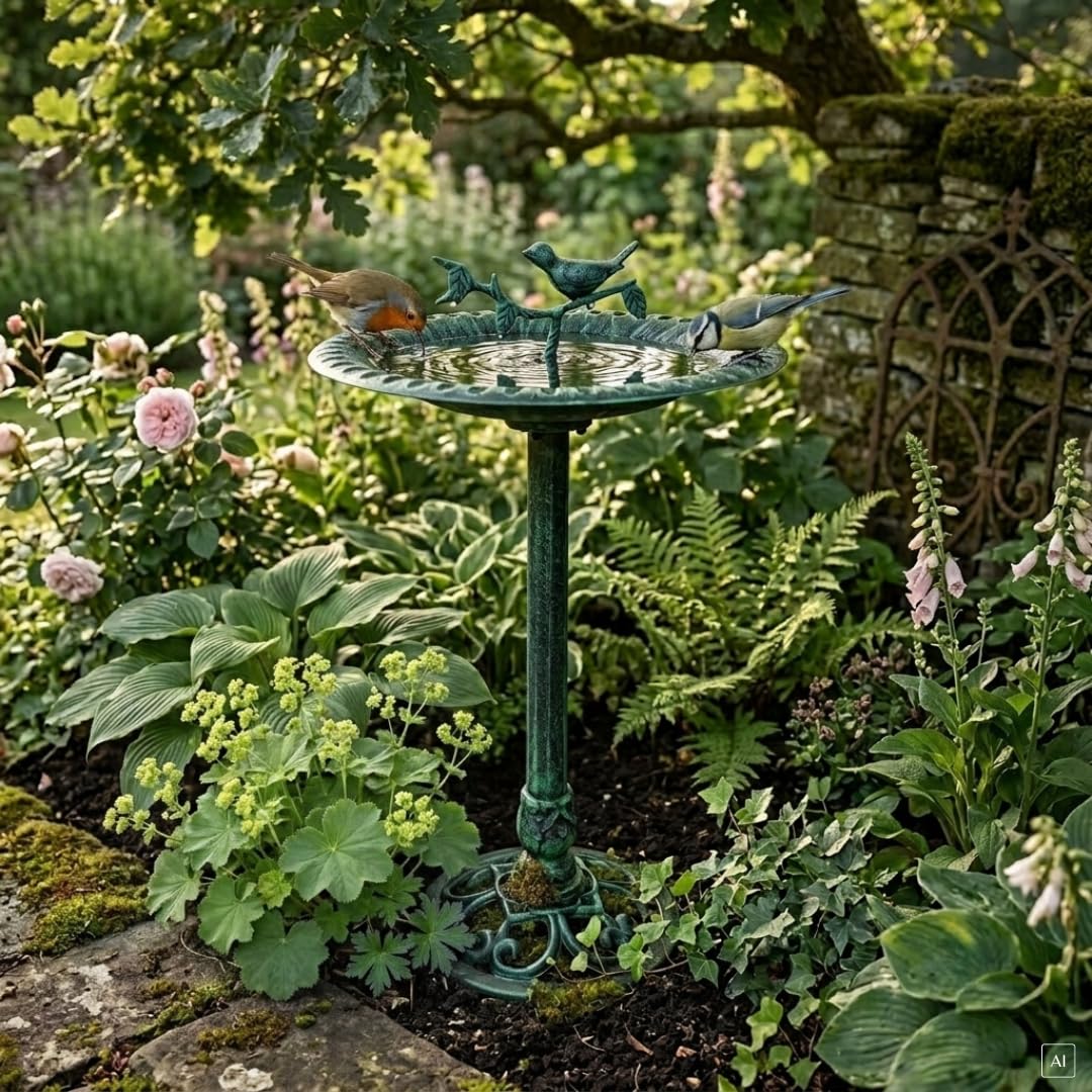 ABC Home XXL Vogeltränke auf Säule – 81 cm hoch – Antik-Design aus rostfreiem Aluminiumguss – Nostalgie Vogelbad & Tränke für Garten & Terrasse – Patina-Grün – Ø 50 cm