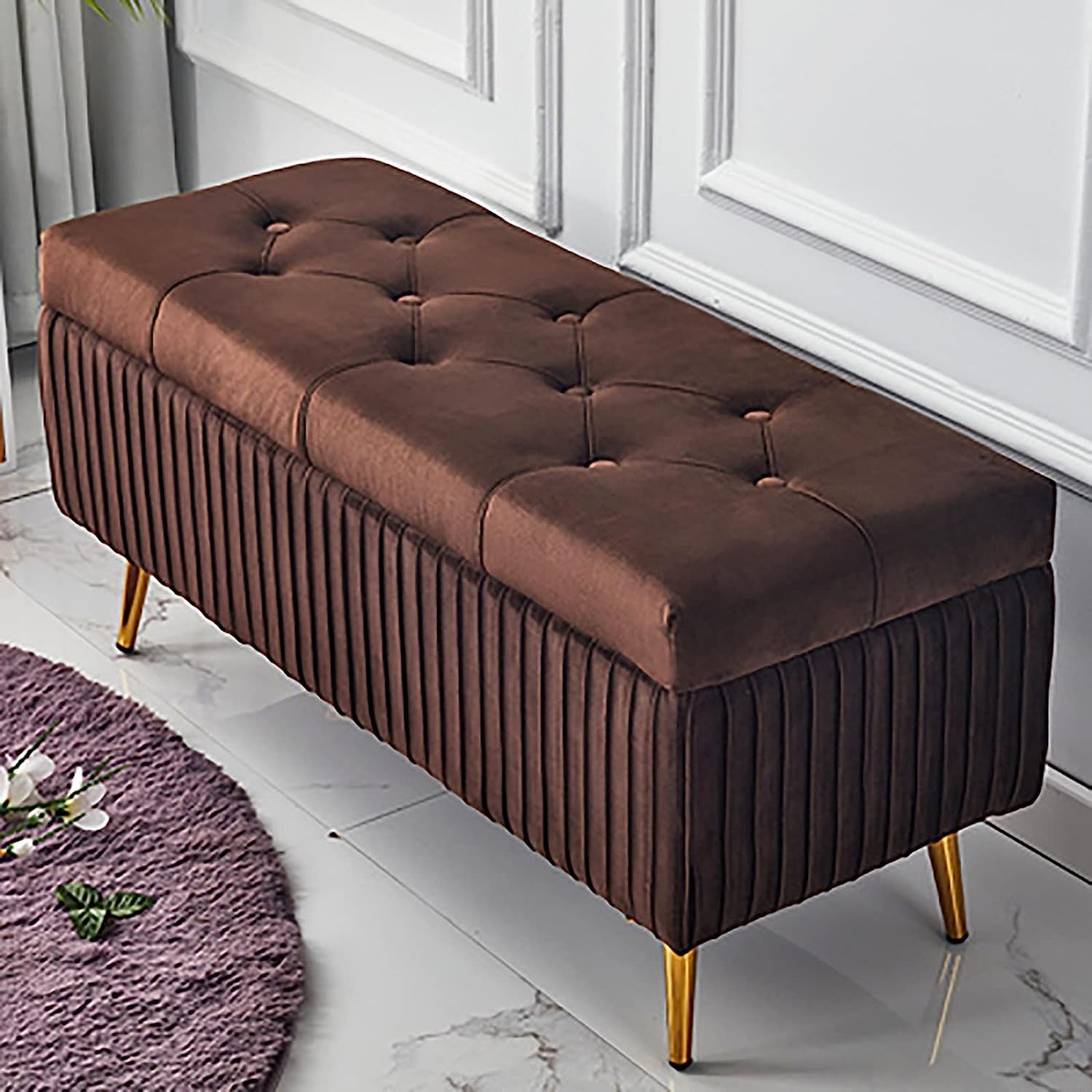 Banc de rangement velours marron coffre banquette bout de lit salon