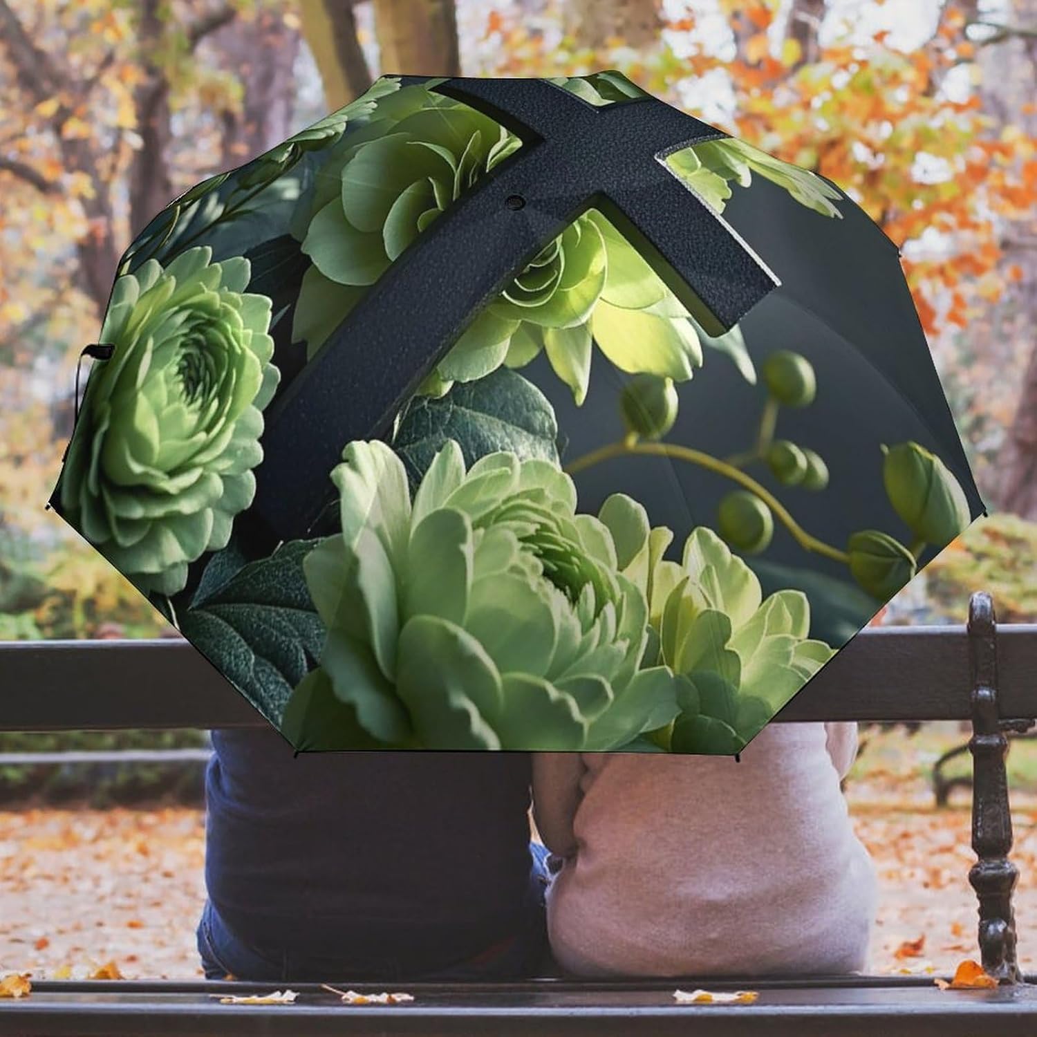 Black Cross Among Green Flowers Golf Umbrellas-2 Fold Automatic,Windproof Umbrella with Portable,Strong,Folding Umbrella for Women Men