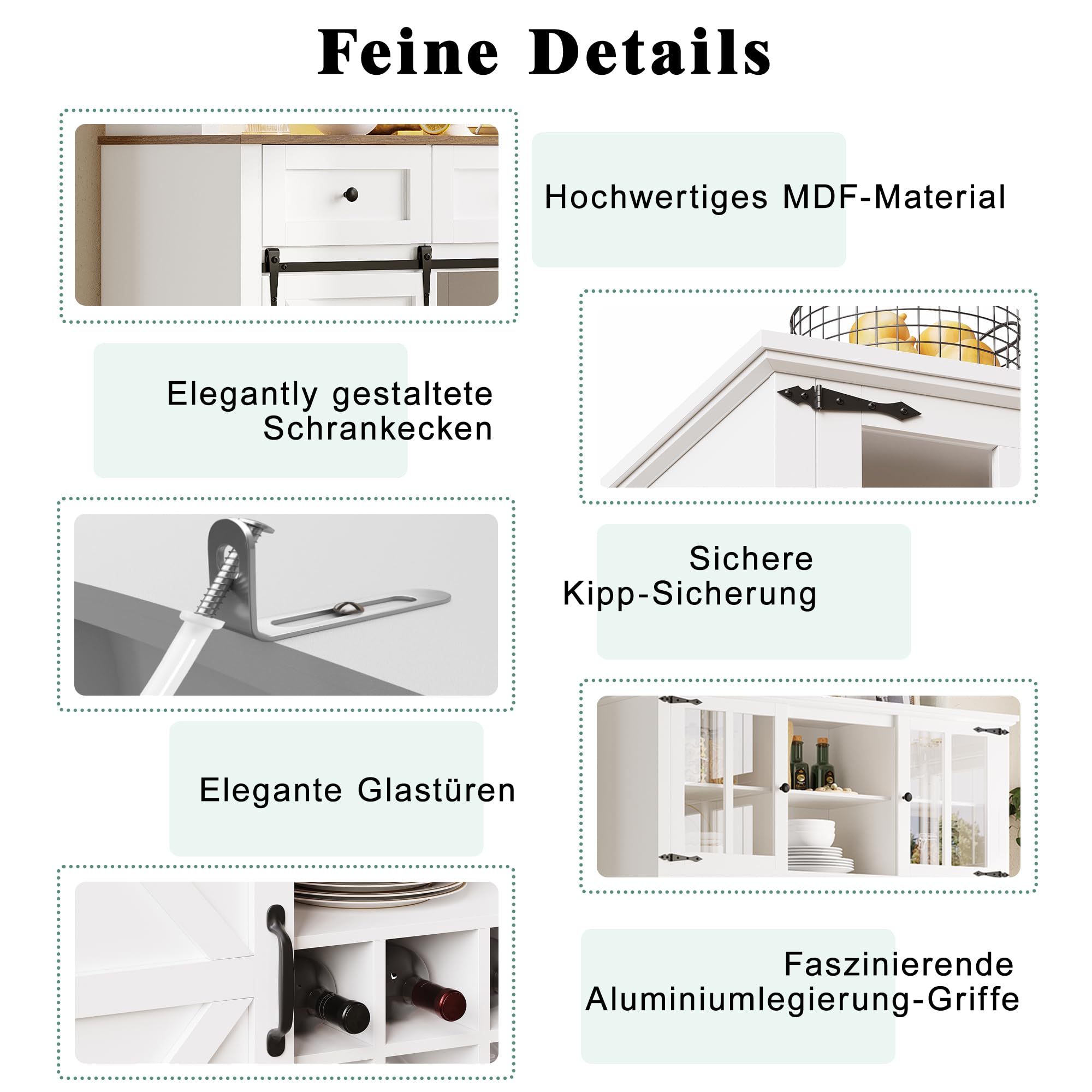 Küchenschrank mit Verstellbaren Ablagen und LED-Beleuchtung, Buffetschrank Hochschrank mit Weinregal und 3 Schubladen, Küchenschränke mit Arbeitsplatte, Küchenmöbel, Weiß, 105×38.4×180 cm