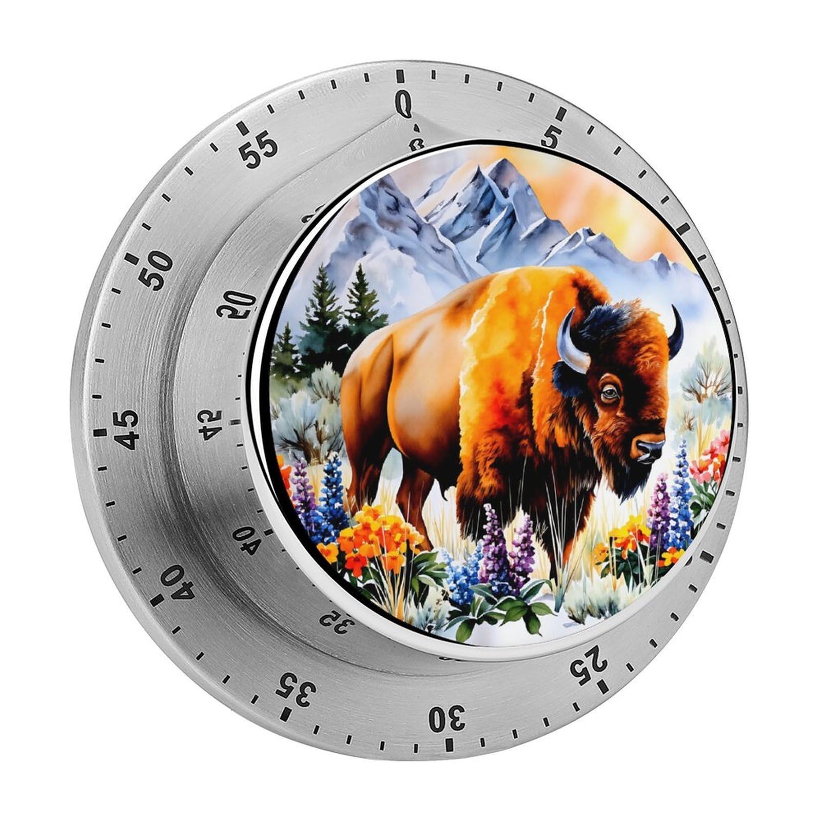 Watercolor Bison Mountain Wildlife 60 Minute Wind Up Timer,Visual Mechanical Magnetic Timer with Loud Alarm for Kitchen