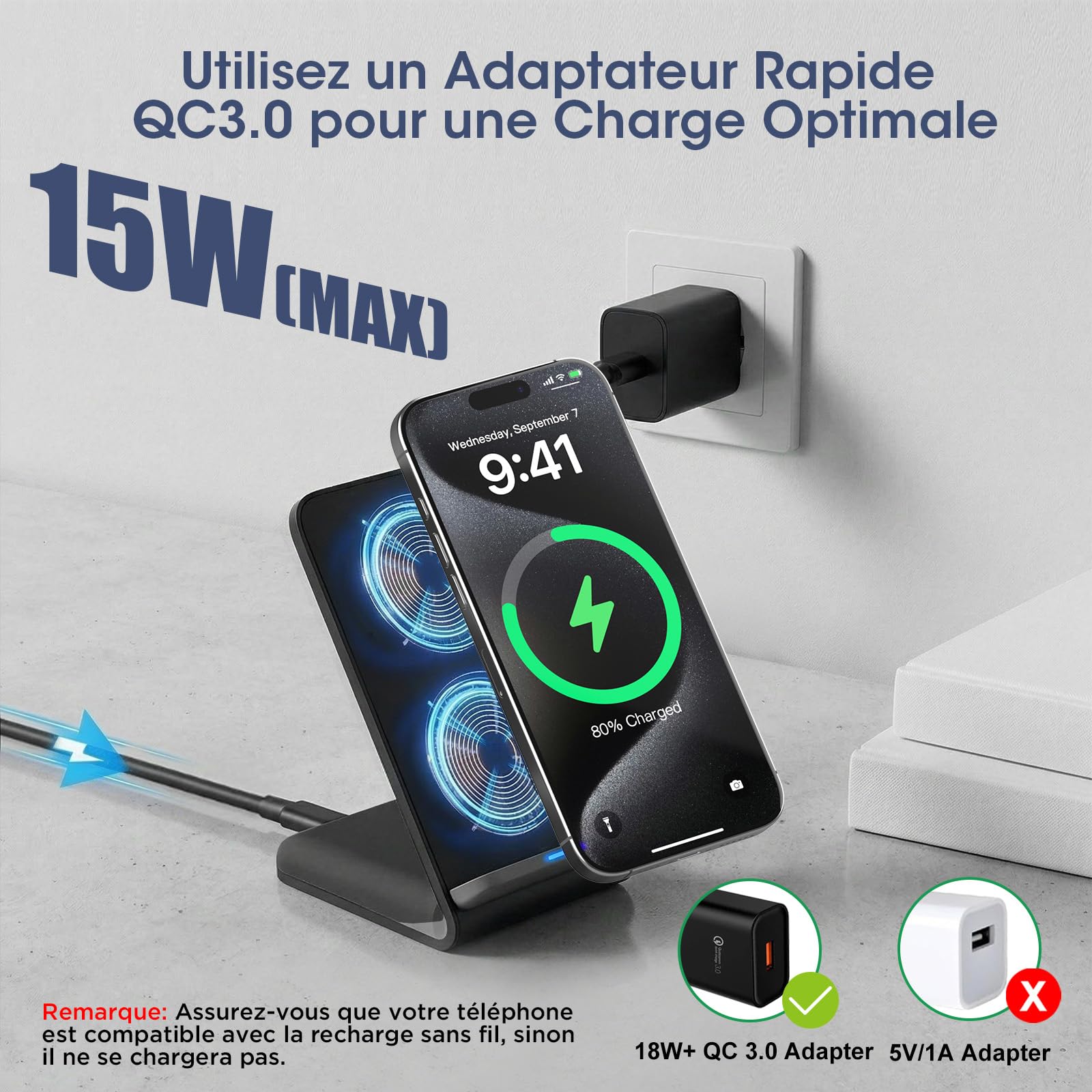 Chargeur sans fil 15 W - Station de charge inductive pour Samsung Galaxy S25 Ultra S24 S23 - Chargeur sans fil pour iPhone 17 Air 16 15 14 13 12 11, Google Pixel 10 9 Pro 8 a 7 6 XL (avec adaptateur