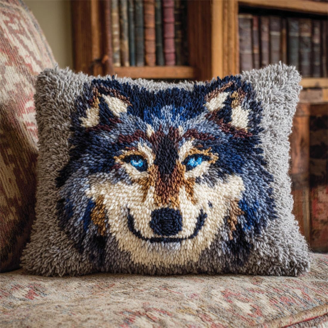 Kitquiver Animal DIY Latch Hook Kit Wolf Portrait DIY Latch Hook Kits Pillow Needlepoint Cushion Kit for Home Décor Needlework Set for Adult Beginners 17x17In