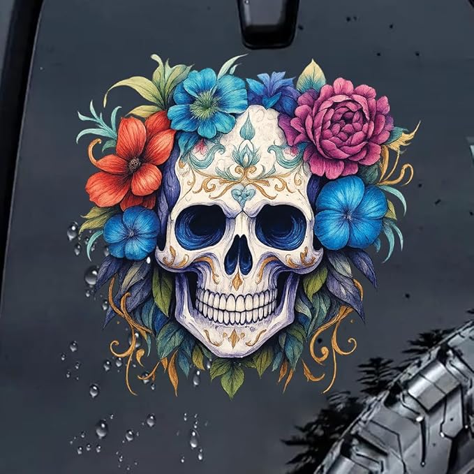 Decorative Sugar Skull Wall Decal – 9 Inch Gothic Floral Vinyl Sticker, Blue Purple Orange Day of The Dead Art for Home