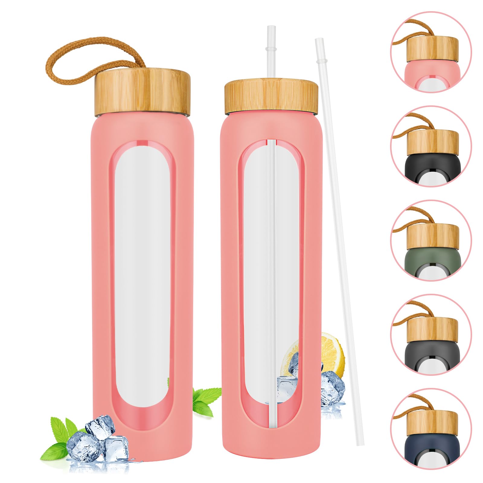 32 Oz Glass Water Bottles with 2 Bamboo Lids and Straws - Borosilicate Glass, BPA-Free, Non-Slip Silicone Sleeve - Eco-Friendly Reusable Glass Tumbler for Outdoor and Home Use(Pink)