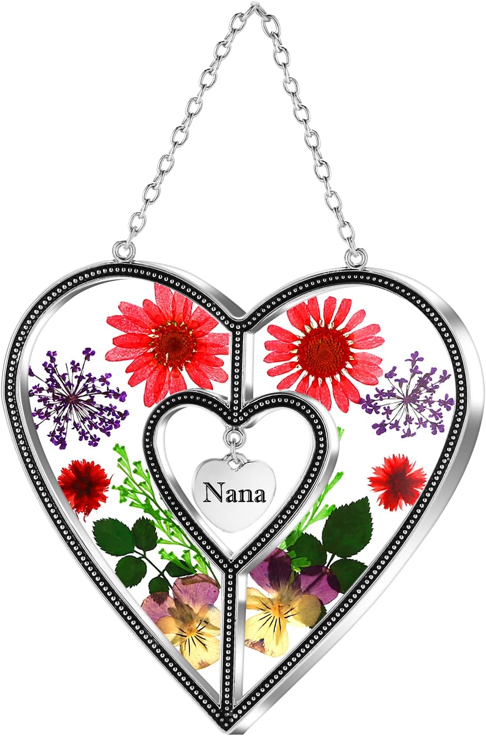 KY&BOSAM Stained Glass I Love You Nana Suncatchers Wind Chime for Windows Silver Metal and Glass with Pressed Flower Heart Gifts for Mom -Friend Sister Aunt for Birthdays Mother Days Christmas