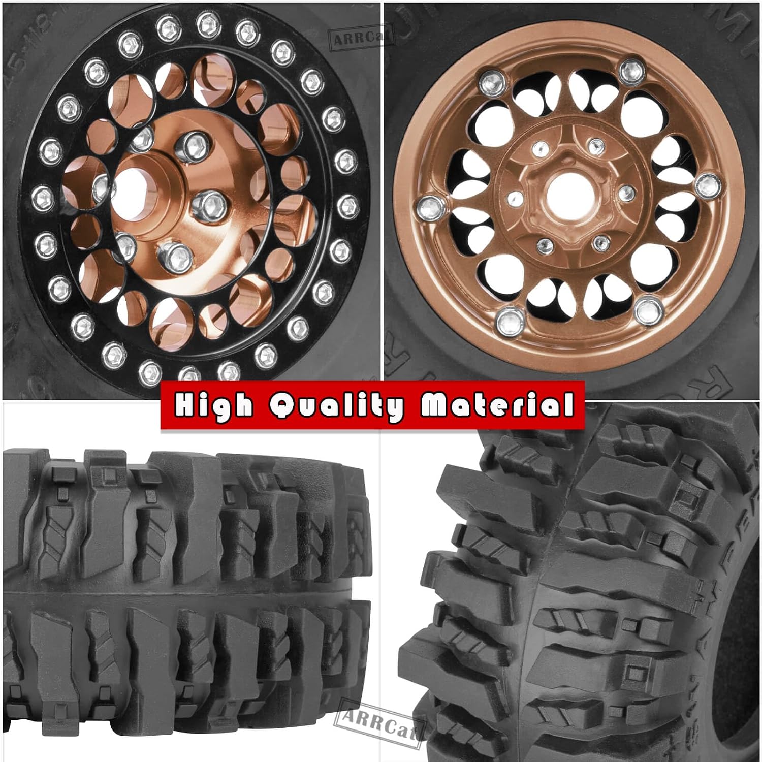 RC 1.9 Beadlock Wheels and Tires for 1/10 SCX10 SCX10 II 90046 SCX10 III AXI03007 SCX10 Pro TRX4 TRX6 Gen7/8 D90 VS4-10 MST CFX RC Crawler Car,Aluminum 1.9 Beadlock Wheel Rims and Tires,Brown