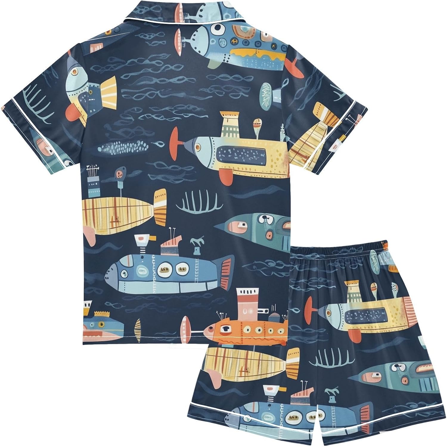 ZZXXB Funny Submarine Kids Satin Short Sets Outfits Casual Button Down Short Sleeve Lounge Set S-XXL
