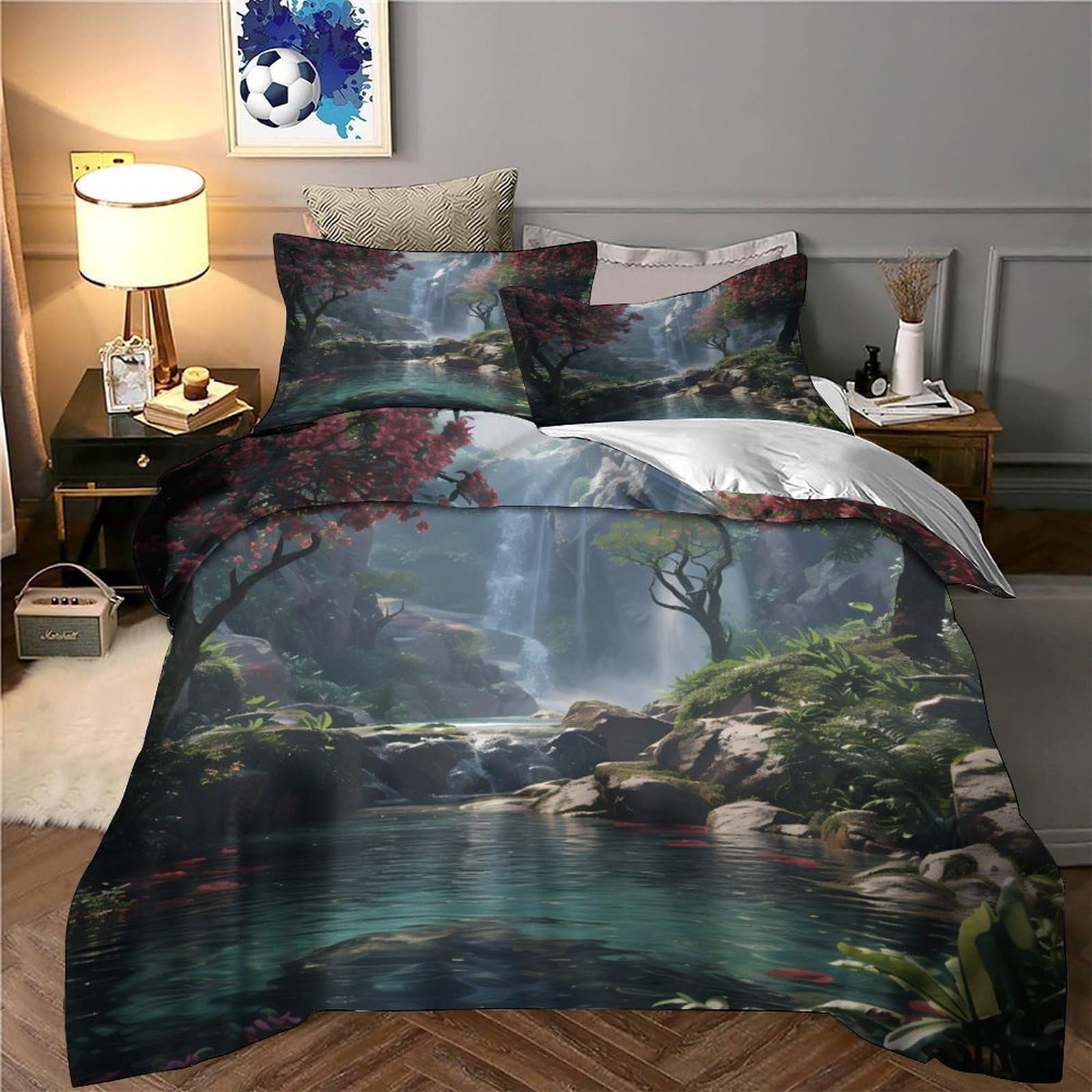 scena della cascata Impressione 3D 3 pz coperteletto natura fantasia arte fodera per edredone microfibra traspirante antiacari per bambini adolescenti adulti Super king（260x220cm）