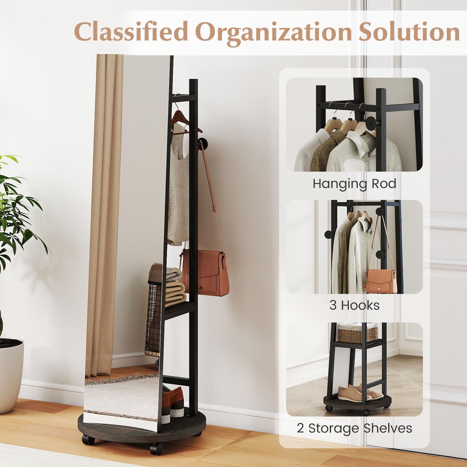 GIANTEX Specchio a figura intera, specchio da terra con appendiabiti, 45 x 135 cm, grande specchio con vetro infrangibile, ganci, ripiani, ruote, per ingresso, soggiorno, camera da letto (nero+noce)