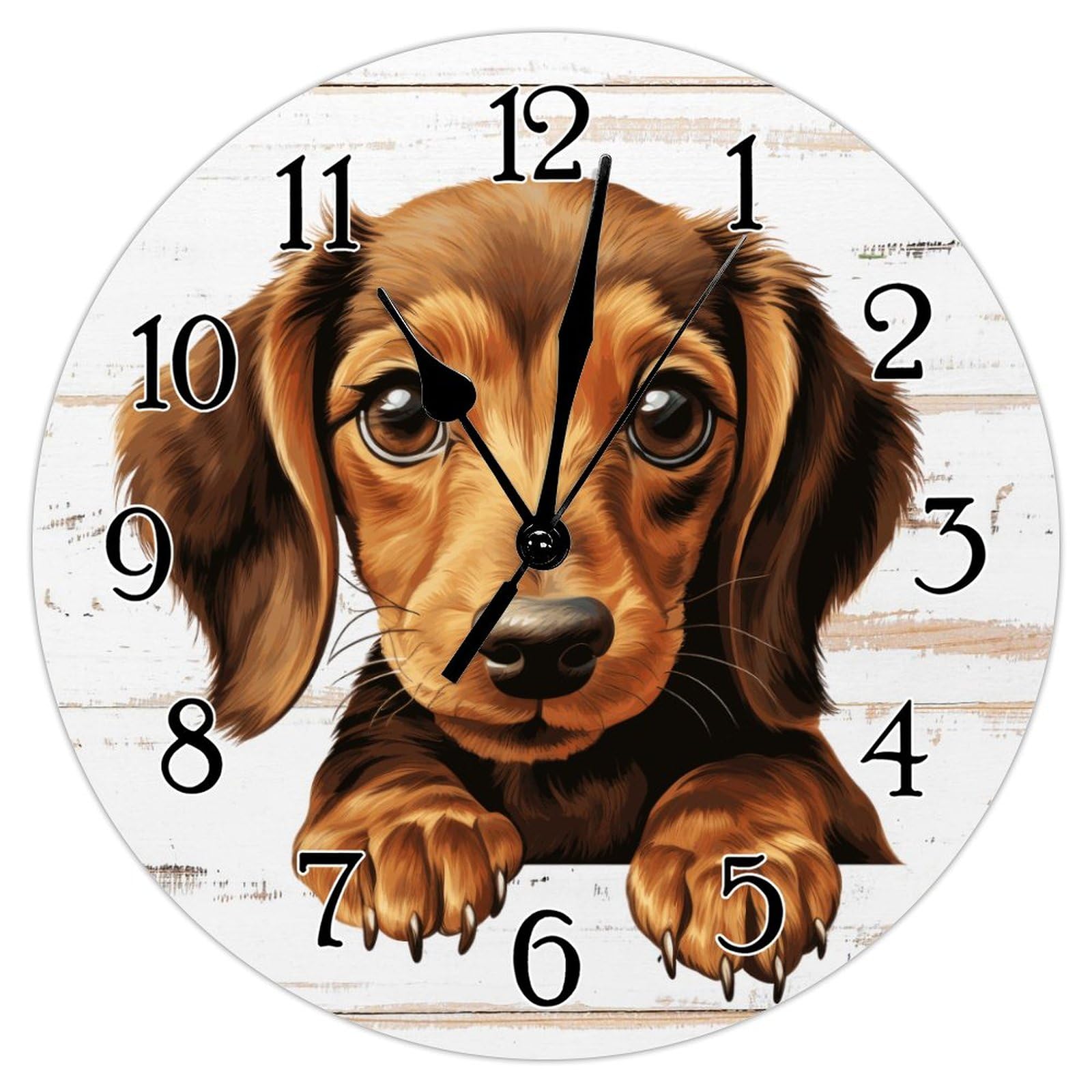 Swavecat Dachshund Wall Clocks Dachshund Cute Funny Peeking Dog Puppy Wood Wall Clock Dog Lover Gift Round Hanging Wall Clocks Non-Ticking Silent Wall Clock for Home Living Room 10x10in