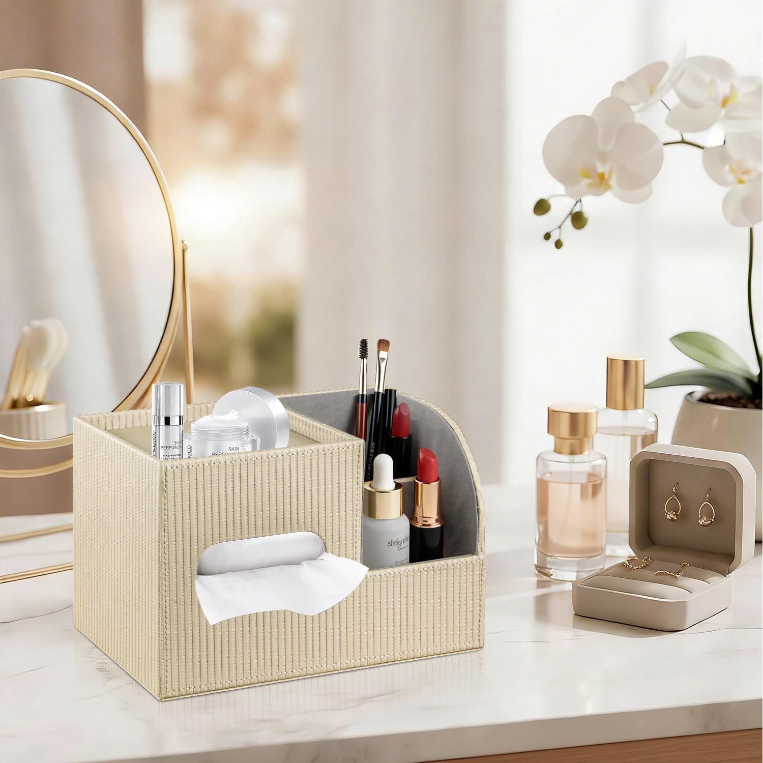 Fanousy Modern PU Leather Cube Tissue Box Cover with Storage Tray, Multifunctional Remote Control Holder & Facial Tissue Dispenser Organizer for Nightstand, Bathroom, Bedroom, Office & Home Decor
