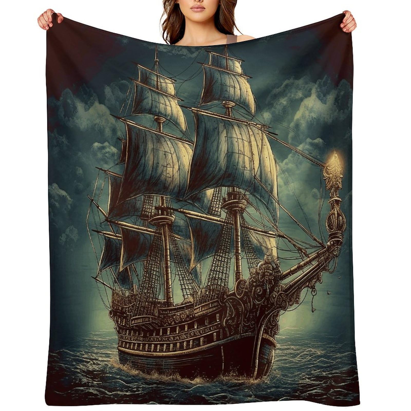 Nautical Vintage Sailing Pirate Ship Throw Blanket for Couch and Bed Super Soft Warm Lightweight Throw Blankets Cozy Fuzzy Flannel Blanket Personalized Decorative Blankets for Sofa Decor 50"x60"