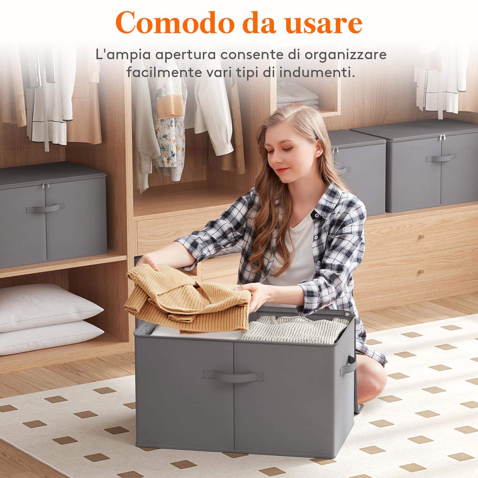 Lifewit Scatole Portaoggetti con Coperchio, Scatole per Armadio Rigide, Contenitori Armadio Salvaspazio con Cerniera per Vestiti, Giocattoli, Grigio, 56×32×33cm, 60L, Set di 6