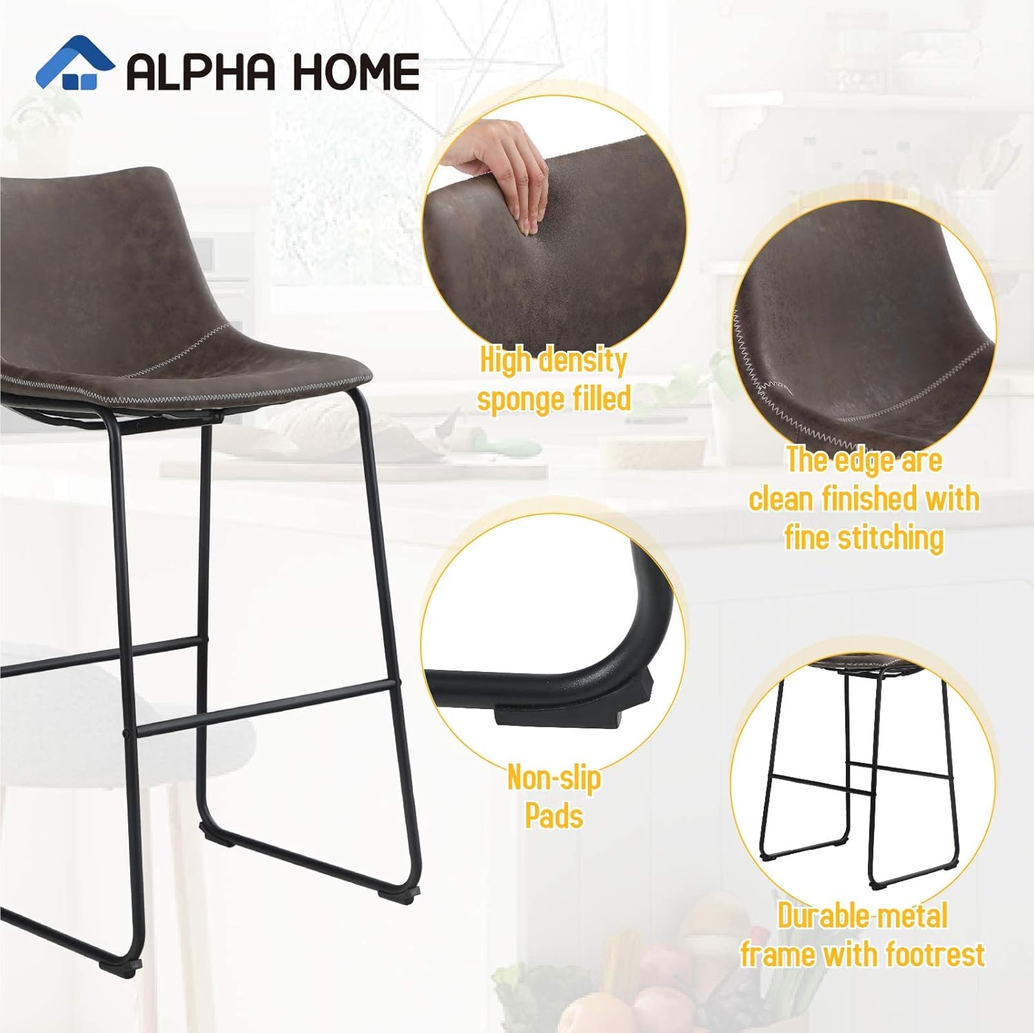ALPHA HOME 30 Inches Bar Stools Set of 4 Bar Chair Vintage Leathaire Bar Height Stools Pub Kitchen Stools Chairs, Dining Room Furniture 350 lbs Capacity, Brown