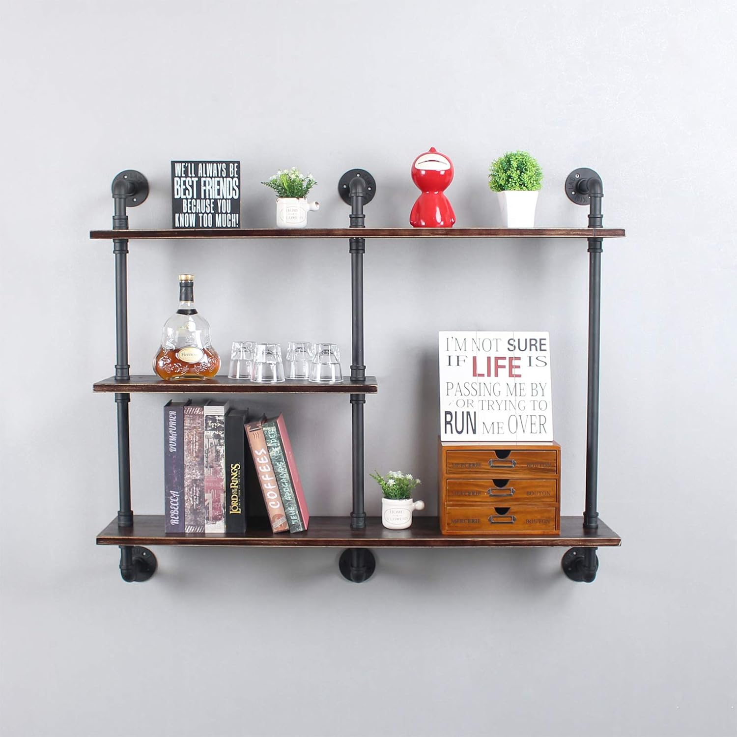 MBQQ Industrial Pipe Shelf with Wood 43.3in,Rustic Wall Mount Shelf 3-Tiers,Metal Hung Bracket Bookshelf,DIY Storage Shelving Floating Shelves,Retro Black